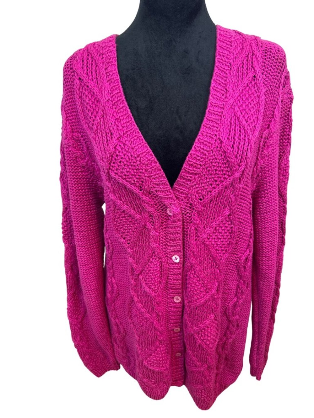 Vintage Lauren Hansen Size S Hand Knit Raspberry Pink Cable Knit Cardigan Cozy - Picture 16 of 16